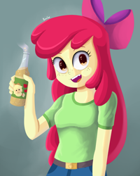 Size: 1600x2000 | Tagged: safe, artist:biocrine, apple bloom, applejack, equestria girls, g4, breasts, busty apple bloom, cider, female, freckles, looking at you, open mouth, smiling, solo