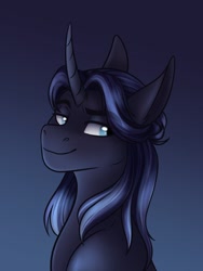 Size: 1070x1423 | Tagged: safe, artist:zahsart, oc, oc only, pony, unicorn, curved horn, horn, lidded eyes, looking at you, smiling, solo
