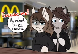 Size: 2137x1480 | Tagged: safe, artist:zahsart, oc, oc only, oc:hickory, oc:vantage, earth pony, pegasus, semi-anthro, arm hooves, clothes, dialogue, frown, sweater, unamused