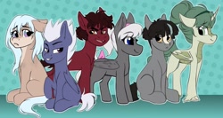 Size: 3773x2000 | Tagged: safe, artist:zahsart, oc, oc only, oc:carmine gumshoe, oc:novaya zemlya, oc:silver bullet, bat pony, earth pony, hybrid, kirin, pegasus, pony, floppy ears, frown, high res, lidded eyes, looking at you, smiling