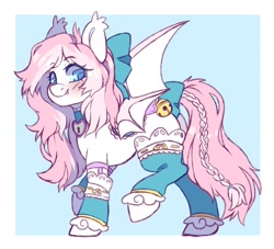 Size: 1828x1658 | Tagged: safe, artist:cheekipone, oc, oc only, oc:sylphie, bat pony, pony, abstract background, bat pony oc, bell, blushing, bow, braid, choker, clothes, ear fluff, fangs, female, hair bow, legwear, looking at you, mare, passepartout, raised hoof, raised leg, smiling, solo, spread wings, stockings, tail, tail bow, thigh highs, unshorn fetlocks, wings