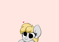 Size: 6800x4900 | Tagged: safe, artist:kittyrosie, derpy hooves, pegasus, pony, g4, blushing, cute, derpabetes, female, floating heart, heart, looking at you, mare, no pupils, peeking, simple background, solo, weapons-grade cute