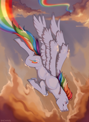 Size: 2000x2737 | Tagged: safe, artist:shchavel, rainbow dash, pegasus, pony, g4, chest fluff, cloud, commission, eyebrows, female, floppy ears, flying, high res, mare, outdoors, rainbow, redraw, sky, slender, smiling, smirk, solo, spread wings, sternocleidomastoid, thin, wings