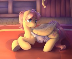 Size: 5898x4843 | Tagged: safe, artist:aquoquoo, angel bunny, fluttershy, pegasus, pony, rabbit, g4, angela bunny, animal, butterscotch, cute, duo, lying down, male, prone, rule 63, shyabetes, stallion, underhoof, wing shelter, wings