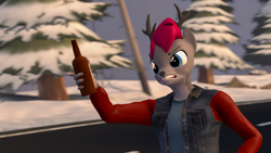 Size: 2560x1440 | Tagged: safe, artist:arcanetesla, oc, oc only, oc:marlyn, deer, anthro, 3d, angry, deer oc, drunk, snow, solo, source filmmaker, tree