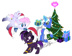 Size: 6000x4694 | Tagged: safe, artist:kaitykat117, oc, oc only, oc:heavy weather, oc:purple haze, oc:weird science, pegasus, pony, unicorn, absurd resolution, angry, base used, best friends, christmas, christmas tree, female, fire of friendship, flying, frown, glowing, glowing horn, grin, gritted teeth, hat, hearth's warming eve, holiday, horn, magic, magic aura, male, mare, pegasus oc, present, raised hoof, santa hat, simple background, smiling, spread wings, stallion, telekinesis, transparent background, tree, unicorn oc, vector, wings