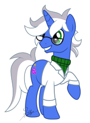 Size: 2000x2715 | Tagged: safe, artist:kaitykat117, oc, oc only, oc:weird science, pony, unicorn, 2024 community collab, derpibooru community collaboration, g4, base used, clothes, glasses, high res, horn, lab coat, scientist, signature, simple background, solo, transparent background, vector