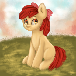 Size: 2500x2500 | Tagged: safe, artist:agnesschan, apple bloom, earth pony, pony, g4, apple bloom's bow, bow, female, filly, grass, hair bow, high res, sitting, solo