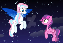 Size: 1280x869 | Tagged: safe, artist:hate-love12, skywishes, skywishes (g4), star catcher, pegasus, pony, g3, g4, deviantart watermark, duo, duo female, female, flying, g3 to g4, generation leap, looking at each other, night, obtrusive watermark, shooting star, smiling, watermark