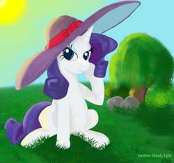 Size: 3022x2832 | Tagged: safe, artist:l1ght, rarity, pony, unicorn, g4, blue eyes, female, giant hat, grass, hat, high res, looking at you, mare, meadow, nature, outdoors, sitting, smiling, smiling at you, solo, tree