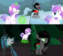Size: 1280x1127 | Tagged: safe, artist:cobaltstaryt, king sombra, princess flurry heart, queen chrysalis, oc, alicorn, changeling, changepony, hybrid, pony, g4, base used, cave, changeling oc, changeling slime, comic, eyelashes, female, grin, interspecies offspring, male, mare, offspring, older, older flurry heart, outdoors, parent:king sombra, parent:queen chrysalis, parents:chrysombra, peytral, raised hoof, smiling, snow, stallion