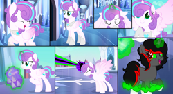 Size: 1280x700 | Tagged: safe, artist:cobaltstaryt, princess flurry heart, changepony, hybrid, pony, g4, base used, blast, comic, crystal heart, dark magic, disguise, disguised changeling, eyelashes, female, glowing, glowing horn, horn, interspecies offspring, magic, magic beam, magic blast, mare, offspring, older, older flurry heart, parent:king sombra, parent:queen chrysalis, parents:chrysombra, peytral, smiling, telekinesis