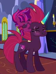 Size: 947x1250 | Tagged: safe, artist:madlilon2051, fizzlepop berrytwist, tempest shadow, oc, oc:cherry burst, pony, unicorn, g4, baby, baby pony, base used, biting, crystal horn, duo, ear bite, eyes closed, female, filly, horn, mare, offspring, parent:tempest shadow, prosthetic horn, prosthetics, tempest gets her horn back