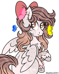 Size: 803x1011 | Tagged: safe, artist:madlilon2051, oc, oc only, butterfly, pegasus, pony, bow, commission, ear fluff, eyelashes, female, hair bow, mare, pegasus oc, simple background, smiling, solo, transparent background, unshorn fetlocks, wings, ych result