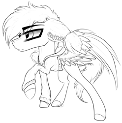 Size: 2489x2513 | Tagged: safe, artist:beamybutt, oc, oc only, pegasus, pony, clothes, ear fluff, high res, lineart, male, monochrome, pegasus oc, raised hoof, simple background, solo, stallion, white background, wings