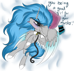 Size: 3499x3343 | Tagged: safe, artist:beamybutt, oc, oc only, oc:moonbeam, alicorn, pony, alicorn oc, collar, colored hooves, ear fluff, female, good girl, high res, horn, leash, mare, master, solo, talking, tongue out, wings