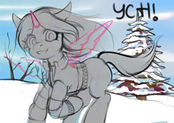 Size: 1052x744 | Tagged: safe, artist:leastways, pony, any gender, any species, clothes, commission, snow, winter, winter outfit, ych sketch, your character here