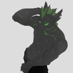 Size: 1800x1800 | Tagged: safe, artist:nsilverdraws, oc, oc only, oc:villainshima, changeling, anthro, abs, anthro oc, arm behind head, chitin, clothes, exoskeleton, eyebrows, glowing, glowing eyes, green changeling, male, muscles, muscular male, pants, partial nudity, pecs, sexy, simple background, solo, topless, white background