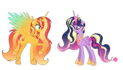 Size: 1309x750 | Tagged: safe, artist:just-silvushka, sunset shimmer, twilight sparkle, alicorn, pony, g4, the last problem, alicornified, base used, crown, duo, ethereal mane, eyelashes, female, hoof shoes, jewelry, mare, older, older sunset, older twilight, older twilight sparkle (alicorn), peytral, princess twilight 2.0, race swap, regalia, simple background, spread wings, starry mane, transparent background, twilight sparkle (alicorn), wings
