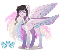 Size: 1280x1051 | Tagged: safe, artist:brot-art, oc, oc only, pegasus, pony, seraph, bangs, coat markings, colored hooves, concave belly, hooves, multiple wings, pegasus oc, sidebangs, simple background, slender, smiling, socks (coat markings), spread wings, thin, transparent background, wings