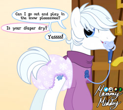Size: 1280x1152 | Tagged: safe, artist:mommymidday, double diamond, earth pony, pony, g4, abdl, adult foal, clothes, cute, dialogue, diaper, diaper fetish, fetish, looking back, male, non-baby in diaper, offscreen character, pacifier, pacifier clip, poofy diaper, scarf, show accurate, signature, solo, speech bubble, stallion