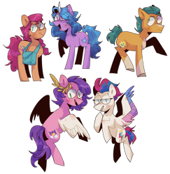 Size: 640x658 | Tagged: safe, alternate version, artist:redrose26, hitch trailblazer, izzy moonbow, pipp petals, sunny starscout, zipp storm, earth pony, pegasus, pony, unicorn, g5, my little pony: a new generation, backwards cutie mark, coat markings, colored wings, female, male, mane five, mare, simple background, socks (coat markings), stallion, transparent background, wings