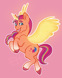 Size: 640x798 | Tagged: safe, artist:emma-heart-art, sunny starscout, alicorn, earth pony, pony, g5, my little pony: a new generation, alicornified, artificial horn, artificial wings, augmented, horn, magic, magic horn, magic wings, mane stripe sunny, open mouth, open smile, pink background, race swap, simple background, smiling, solo, sunnycorn, wings