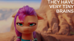 Size: 1280x720 | Tagged: safe, edit, edited screencap, editor:quoterific, screencap, sunny starscout, earth pony, pony, g5, my little pony: a new generation, female, floppy ears, mare, solo, sunny starscout is not amused, unamused