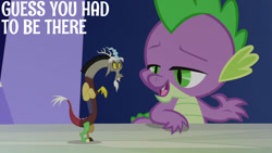 Size: 1280x720 | Tagged: safe, edit, edited screencap, editor:quoterific, screencap, discord, spike, draconequus, dragon, g4, season 5, what about discord?, cutie map, male, open mouth, open smile, smiling, twilight's castle