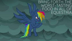 Size: 1280x720 | Tagged: safe, edit, edited screencap, editor:quoterific, screencap, rainbow dash, pegasus, pony, g4, season 7, secrets and pies, cloud, evil pie hater dash, female, flying, mare, open mouth, open smile, smiling, solo, wings