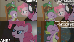 Size: 1280x720 | Tagged: safe, edit, edited screencap, editor:quoterific, screencap, gummy, pinkie pie, spike, alligator, dragon, earth pony, pony, g4, party of one, season 1, chair, eyes closed, female, implied twilight sparkle, male, mare, open mouth, sugarcube corner