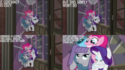 Size: 1280x720 | Tagged: safe, edit, edited screencap, editor:quoterific, screencap, maud pie, pinkie pie, rarity, earth pony, pony, unicorn, g4, season 6, the gift of the maud pie, eyes closed, female, grin, mare, open mouth, open smile, party cannon, smiling