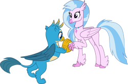 Size: 5864x3845 | Tagged: safe, artist:cloudy glow, artist:memnoch, edit, gallus, silverstream, classical hippogriff, hippogriff, g4, the last problem, .ai available, absurd resolution, claw hold, cute, female, gallabetes, implied proposal, male, older, older silverstream, ship:gallstream, shipping, simple background, straight, transparent background, vector