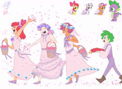 Size: 10100x7400 | Tagged: safe, artist:blacktiger273, apple bloom, scootaloo, spike, sweetie belle, dragon, earth pony, human, pegasus, unicorn, a canterlot wedding, g4, absurd resolution, basket, clothes, cummerbund, cutie mark crusaders, dark skin, flats, floral head wreath, flower, flower girl, flower girl dress, grin, humanized, jewelry, open mouth, open smile, petals, pillow, ring, ring bearer, shoes, simple background, smiling, tan skin, vest, wedding ring, white background