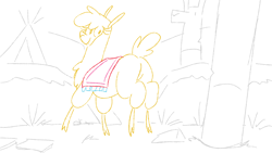 Size: 3840x2160 | Tagged: safe, artist:hitsuji, paprika (tfh), alpaca, them's fightin' herds, blanket, cloven hooves, community related, high res, looking back, simple background, solo, style emulation, tent, totem