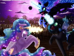 Size: 1190x916 | Tagged: safe, artist:bluediamondoficial01, nightmare moon, princess celestia, queen chrysalis, alicorn, changeling, pony, g4, angry, cloud, crown, crying, ethereal mane, feather, female, fight, flowing mane, flowing tail, flying, glowing, glowing eyes, glowing horn, hoof shoes, horn, jewelry, looking at you, magic, moon, moonlight, night, open mouth, regalia, signature, sky, spread wings, starry mane, starry tail, stars, tail, tree, wings