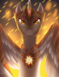 Size: 857x1116 | Tagged: safe, artist:bluediamondoficial01, daybreaker, alicorn, pony, g4, armor, colored pupils, digital art, feather, female, fire, gem, helmet, horn, jewelry, looking at you, night, signature, simple background, smiling, solo, wing armor, wings, yellow eyes
