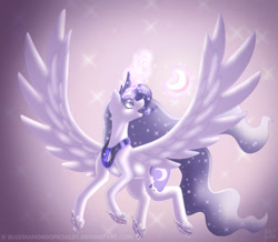 Size: 1280x1115 | Tagged: safe, artist:bluediamondoficial01, princess luna, alicorn, pony, g4, crown, digital art, ethereal mane, feather, female, flowing mane, flowing tail, flying, glowing, glowing horn, hoof shoes, horn, jewelry, magic, open mouth, regalia, signature, simple background, smiling, solo, sparkles, spread wings, starry mane, starry tail, tail, wings