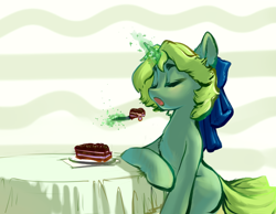 Size: 3875x3000 | Tagged: safe, artist:blue ink, oc, oc only, oc:silver bell, pony, unicorn, bow, cake, eating, eyes closed, food, hair bow, high res, magic, open mouth, sitting, solo, table, telekinesis