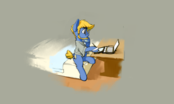 Size: 5000x3000 | Tagged: safe, artist:blue ink, oc, oc only, oc:blue ink, earth pony, pony, beard, bed, clothes, computer, desk, drawing tablet, facial hair, glasses, hoof on chin, laptop computer, male, shirt, short tail, sitting, solo, stallion, stylus, tail