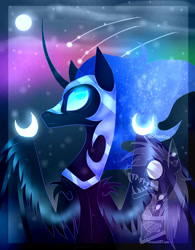 Size: 1920x2458 | Tagged: safe, artist:nightmare254, edit, nightmare moon, pony, blue eyes, blue mane, colored pupils, curved horn, digital art, ethereal mane, eyelashes, feather, female, flowing mane, helmet, horn, logo, logo edit, long horn, looking up, moon, moonlight, sky, solo, starry mane, stars, watermark, wings