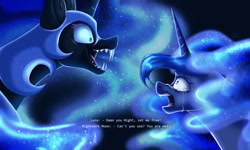 Size: 1280x768 | Tagged: dead source, safe, artist:janeraver, nightmare moon, princess luna, alicorn, pony, g4, black background, blue eyes, blue mane, colored pupils, dialogue, digital art, ethereal mane, eyelashes, fangs, female, flowing mane, helmet, horn, looking at each other, night, open mouth, self paradox, self ponidox, signature, simple background, starry mane, stars, teary eyes, teeth