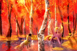Size: 3000x2000 | Tagged: oc name needed, safe, artist:aquagalaxy, oc, oc only, pegasus, pony, unicorn, autumn, birch tree, blue eyes, bowtie, clothes, color porn, crepuscular rays, duo, eye contact, falling leaves, forest, grass, gray coat, hat, high res, horn, in water, leaves, legs in the water, looking at each other, maple tree, open mouth, open smile, outdoors, pegasus oc, pink coat, scenery, scenery porn, shirt, smiling, spread wings, standing in water, sunlight, tail, top hat, tree, unicorn oc, water, wings, yellow mane, yellow tail