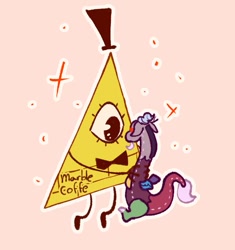 Size: 587x624 | Tagged: safe, artist:marblecoffe, discord, g4, bill cipher, digital art, gravity falls, hat, male, merchandise, necktie, outline, signature, simple background, sparkles, top hat, toy, triangle, white outline