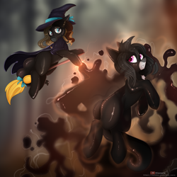 Size: 2000x2000 | Tagged: safe, alternate version, artist:kianara, oc, oc:chocolate fudge, oc:oretha, pony, gas mask, gas mask fetish, giant pony, hat, high res, latex, macro, mask, witch, witch hat