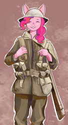 Size: 698x1280 | Tagged: safe, artist:louraa, earth pony, anthro, clothes, digital art, eyes closed, female, helmet, simple background, soldier, solo, weapon, world war i
