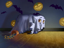 Size: 2732x2048 | Tagged: safe, artist:blue ink, oc, oc only, oc:blue ink, pony, bedsheet ghost, bucket, candy, clothes, costume, food, halloween, high res, holiday, nightmare night, pumpkin, scared, solo