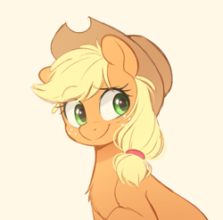 Size: 679x672 | Tagged: safe, artist:higgly-chan, applejack, earth pony, pony, bust, chest fluff, cute, female, jackabetes, mare, simple background, smiling, solo
