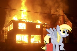Size: 2048x1365 | Tagged: safe, derpy hooves, g4, arson, fire, house, implied death, irl, some mares just want to watch the world burn