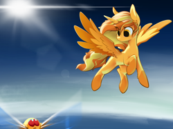 Size: 2732x2048 | Tagged: safe, artist:blue ink, oc, oc only, oc:fly, oc:solar flare, alicorn, parasprite, pony, alicorn oc, flying, high res, horn, lens flare, looking at something, wings